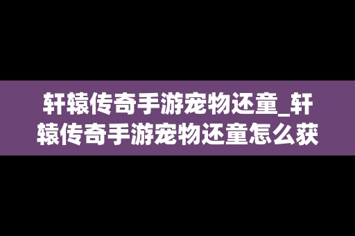 轩辕传奇手游宠物还童_轩辕传奇手游宠物还童怎么获得